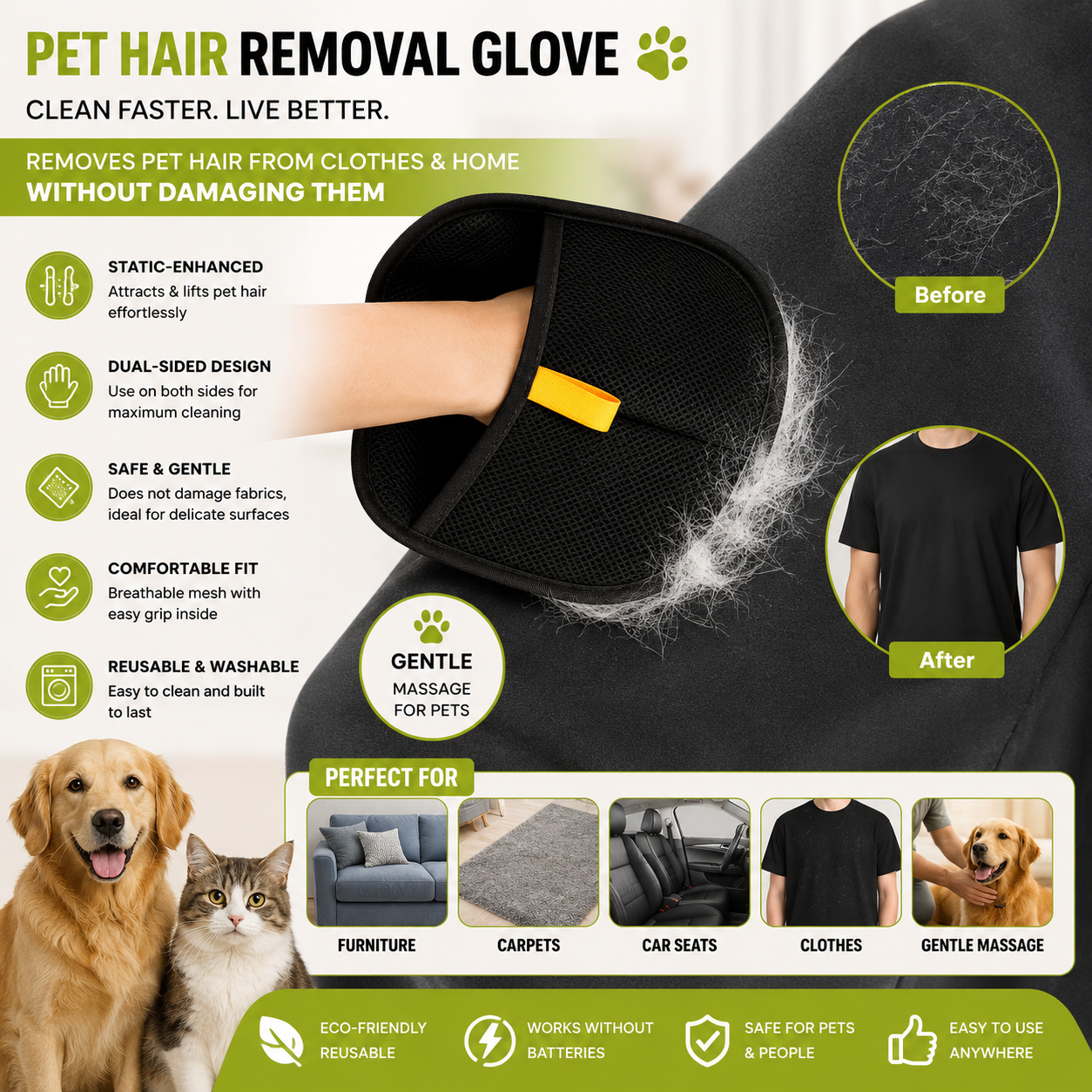  Pet Hair Removal Gloves, Static-Enhanced Pet Hair Removal Mitt, Reusable Grooming Mitt Cleaning Glove for Furniture, Carpets, Car Seats & Gentle Massage for Dogs Cats