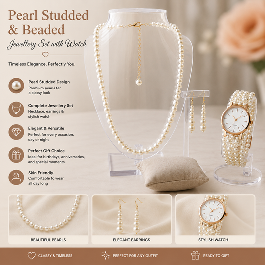 Pearl Studded & Beaded Jewellery Set with watch