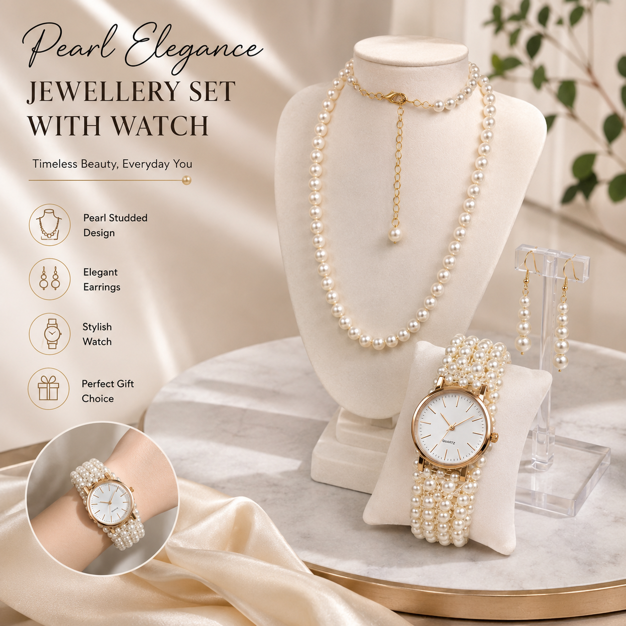 Pearl Studded & Beaded Jewellery Set with watch