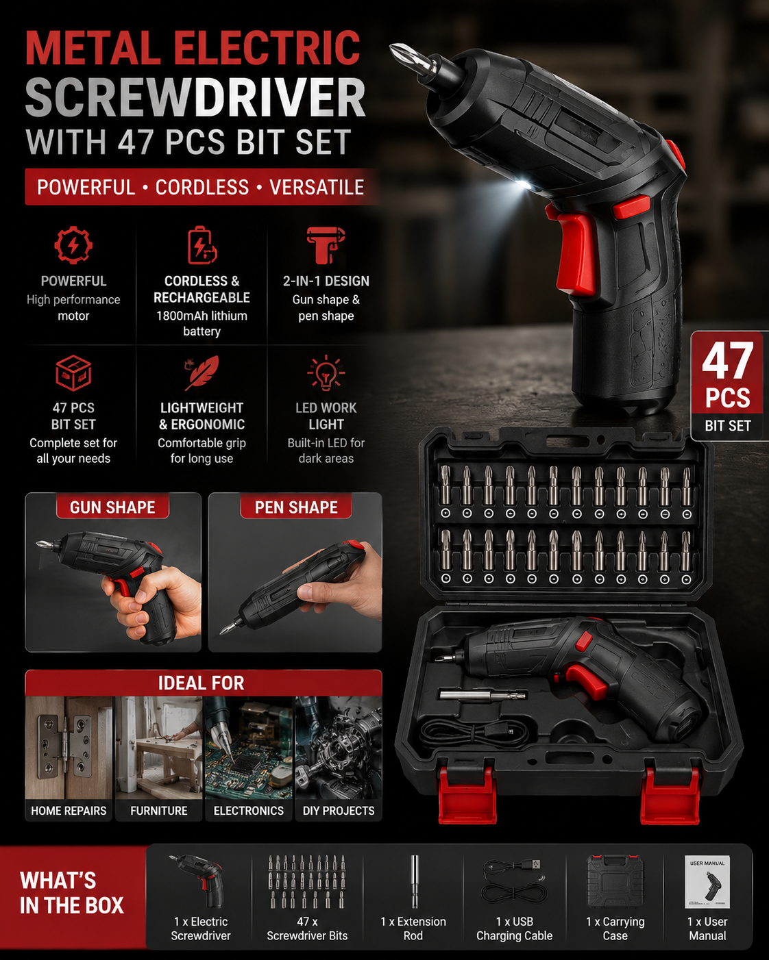 Metal Electric Screwdriver with 47 pcs Screwdriver Bit Set