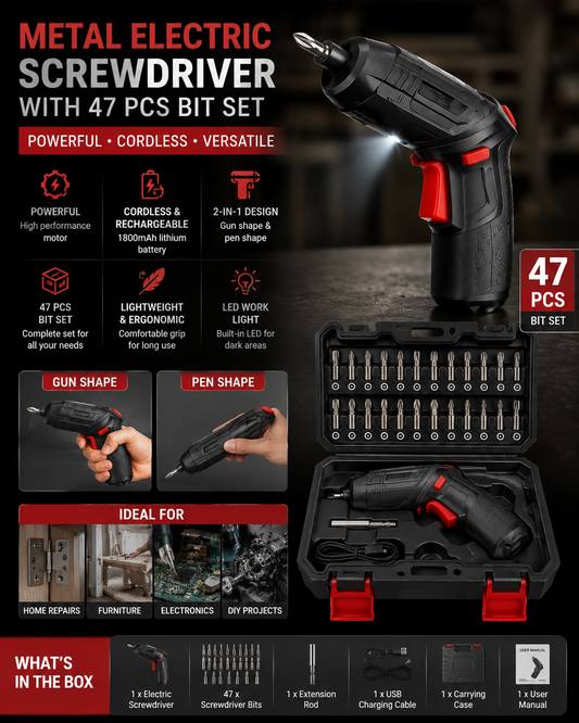 Metal Electric Screwdriver with 47 pcs Screwdriver Bit Set