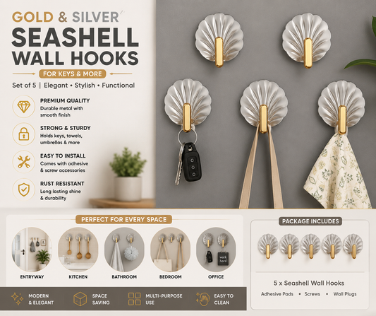 Gold & Silver Seashell Wall Hooks for Keys (Pack of 5)