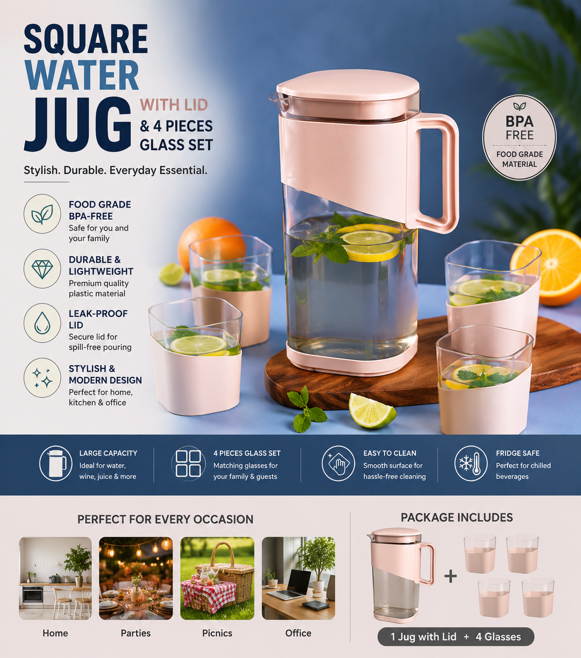 Square Water Jug with Lid and 4 Pieces Glass Set | Stylish Plastic Food Grade BPA-Free for Water, Wine, Juice Storage & Serving