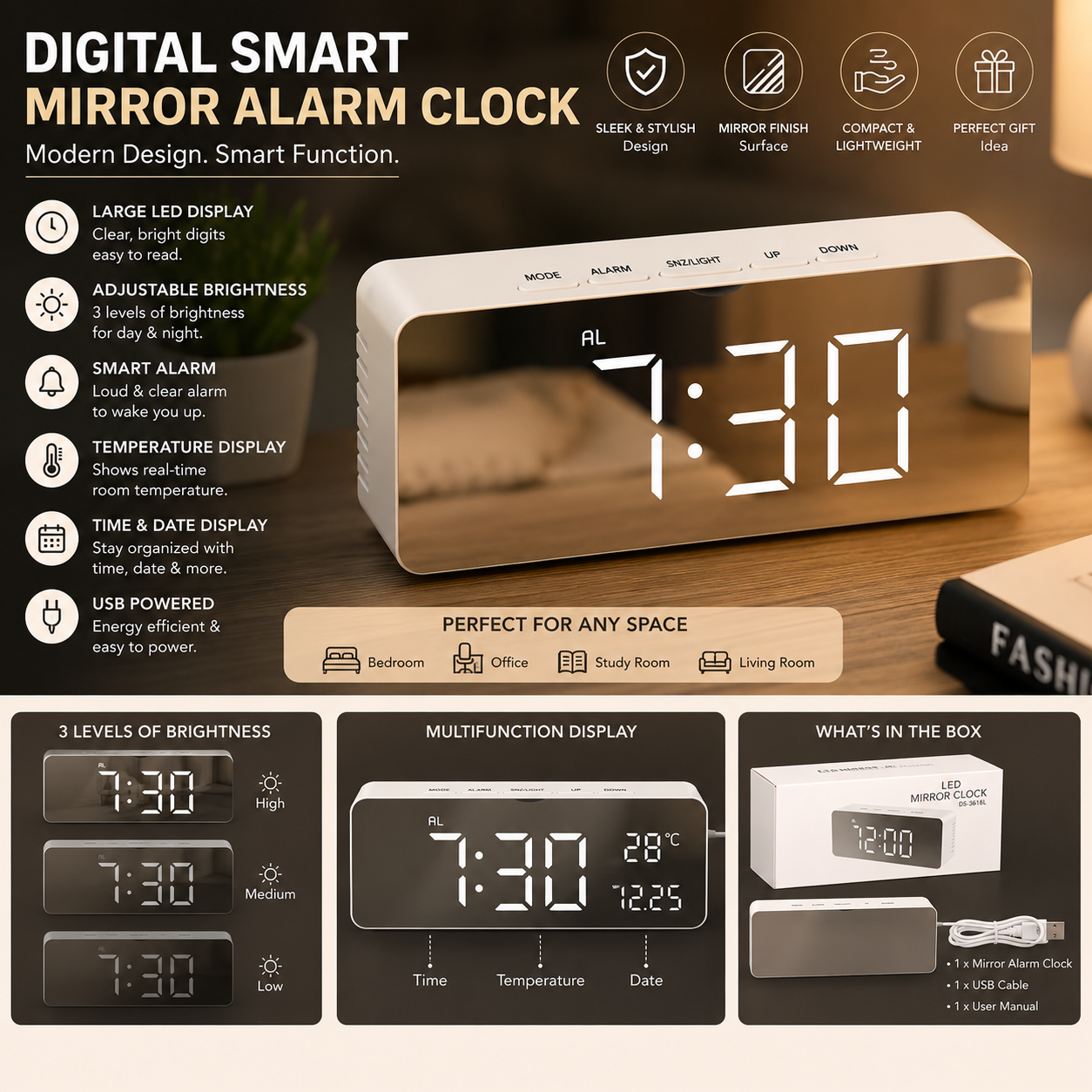 Digital Smart Back Light Table Mirror Alarm Clock