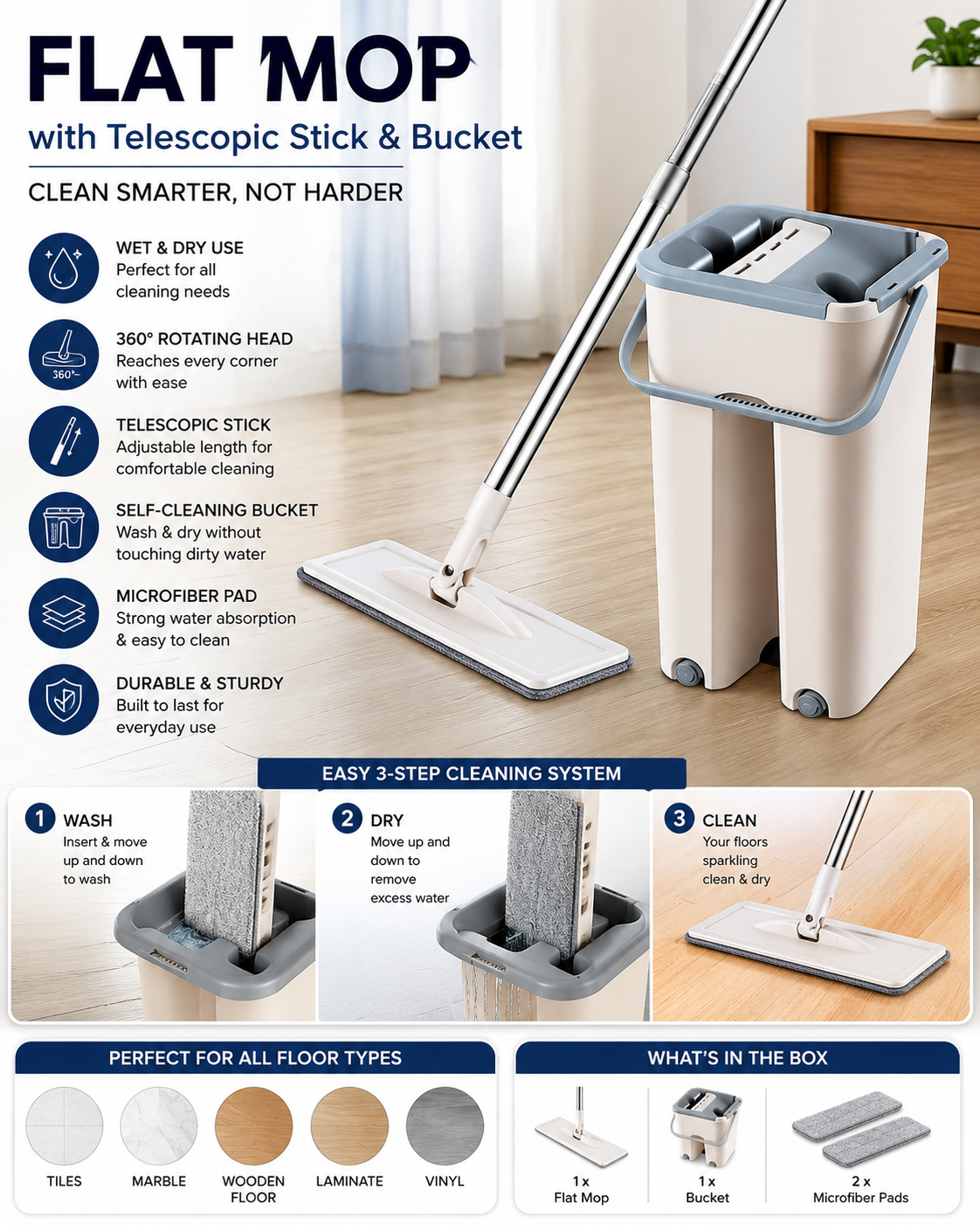 Flat Mop with Telescopic Stick Mop with Bucket for Floor Cleaning Wet & Dry Cleaning