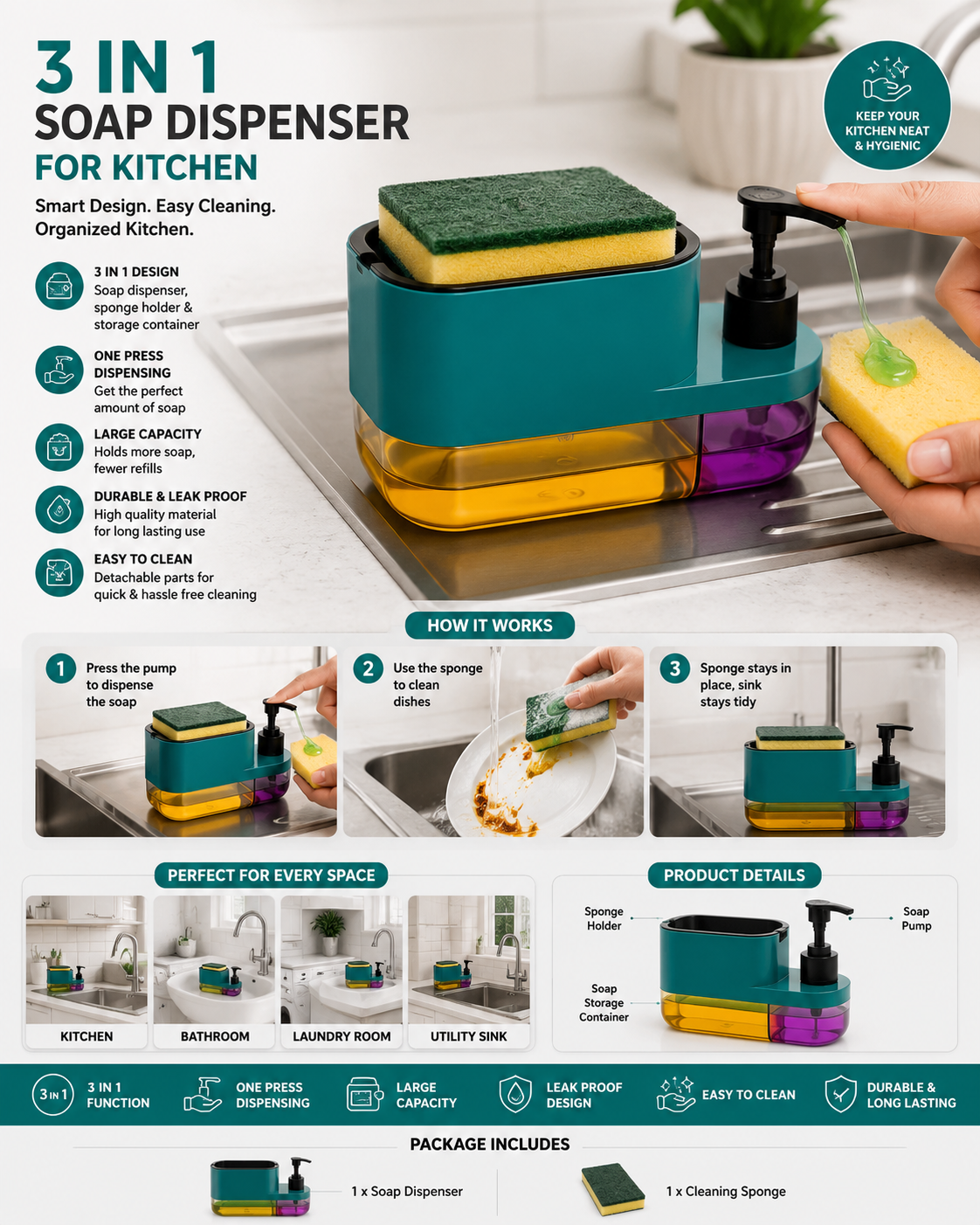 Soap Dispenser for Kitchen | 3 in 1 Soap Dispenser for Kitchen (Sponge Free) with Sponge Holder