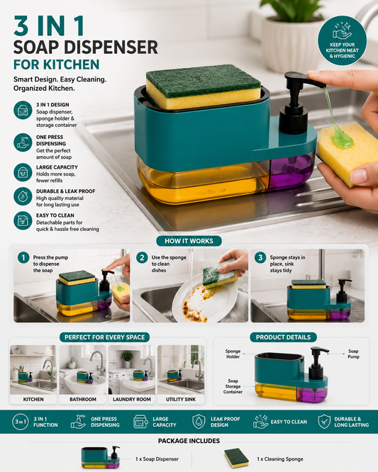 Soap Dispenser for Kitchen | 3 in 1 Soap Dispenser for Kitchen (Sponge Free) with Sponge Holder