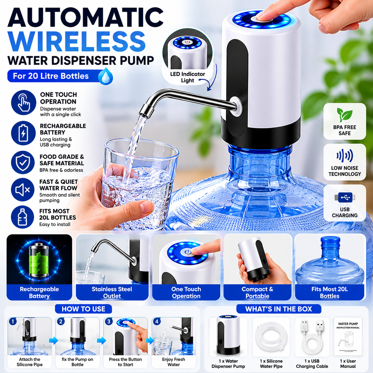 Automatic Wireless Water Bottle Can Dispenser Pump For 20 Litre Bottle With Type-C Charging Cable