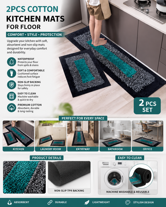 2Pcs Cotton Kitchen Mats for Floor Waterproof, Kitchen Runner Carpet for Floor, Rug for Kitchen