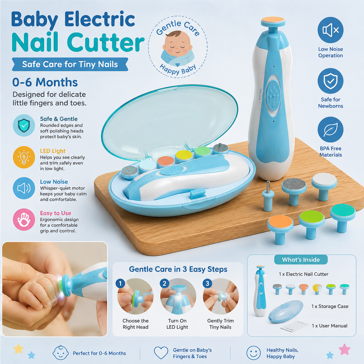Baby Electric Nail Cutter New Born 0-6 Months with LED Light | Infant Nail File