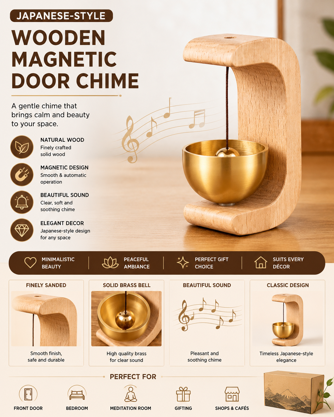 Japanese-style wooden magnetic door chime